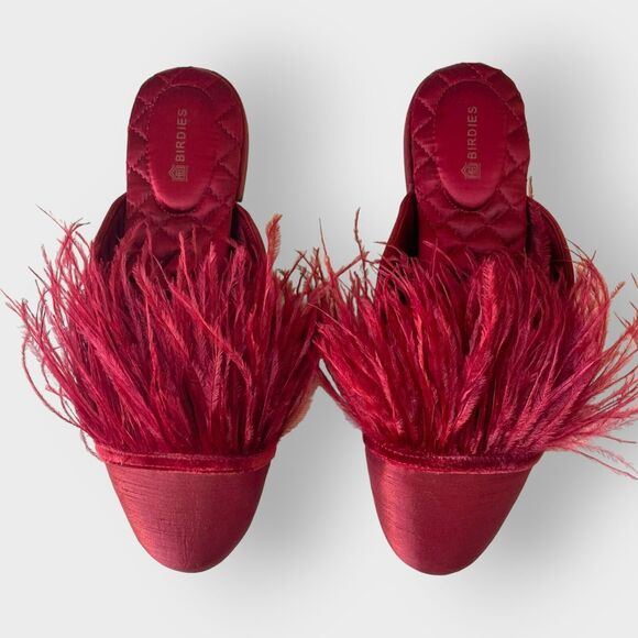 Birdies Lovebird Feather Mules Satin Quilted Slip On Red Size 6 Fun Cute Spring - Picture 15 of 15